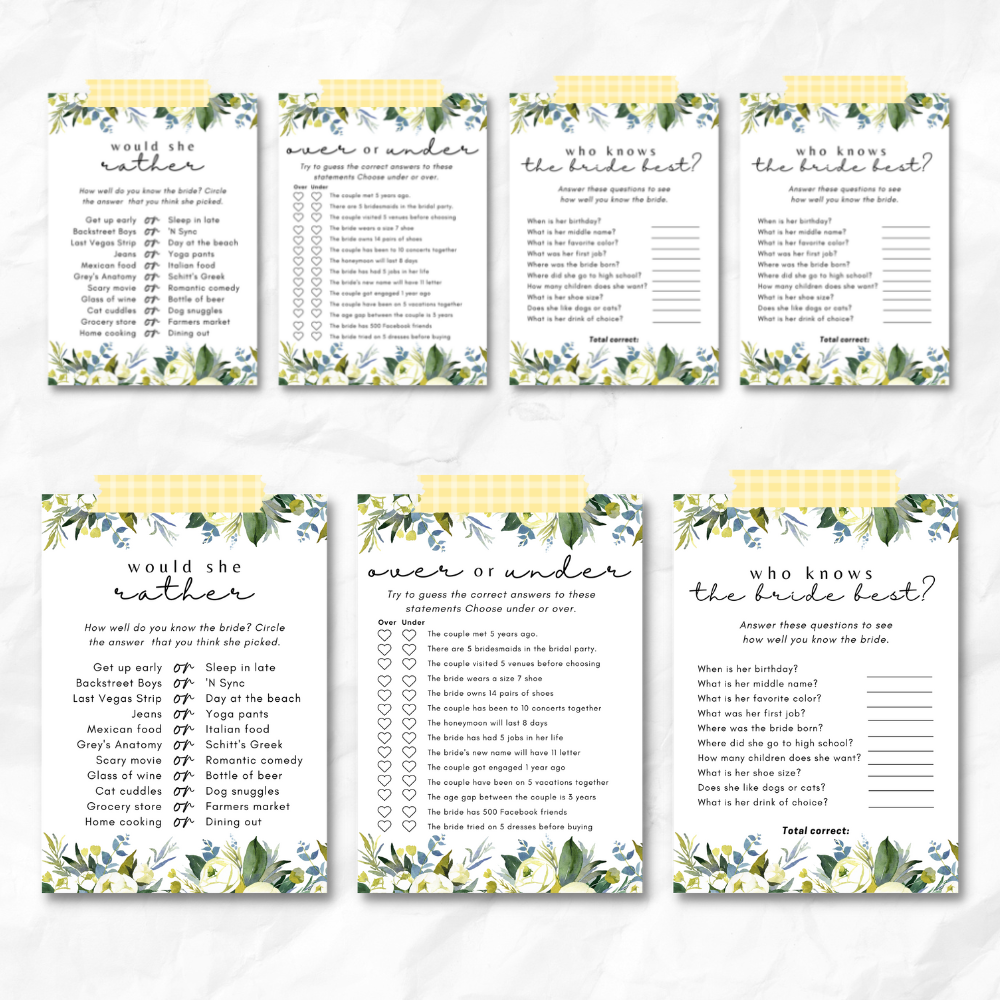 Bridal Shower Printable Games - Blue Floral
