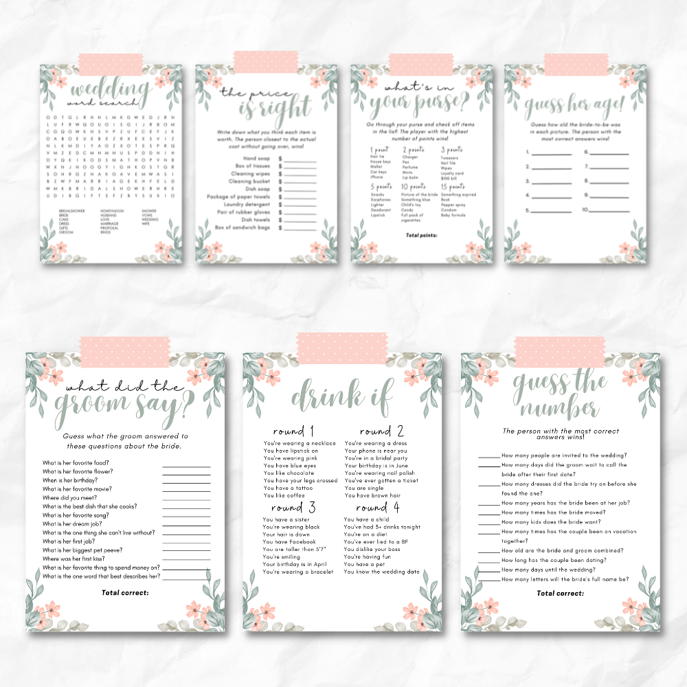 Bridal Shower Printable Games - Pink Floral