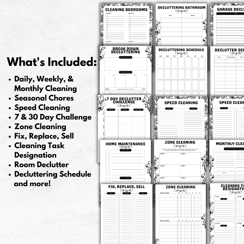 Decluttering and Cleaning Printable Planner - Black & White