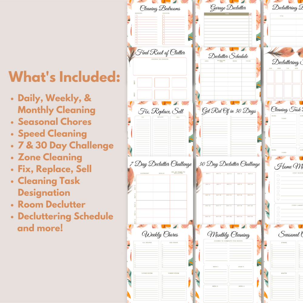 Decluttering and Cleaning Printable Planner - Feather