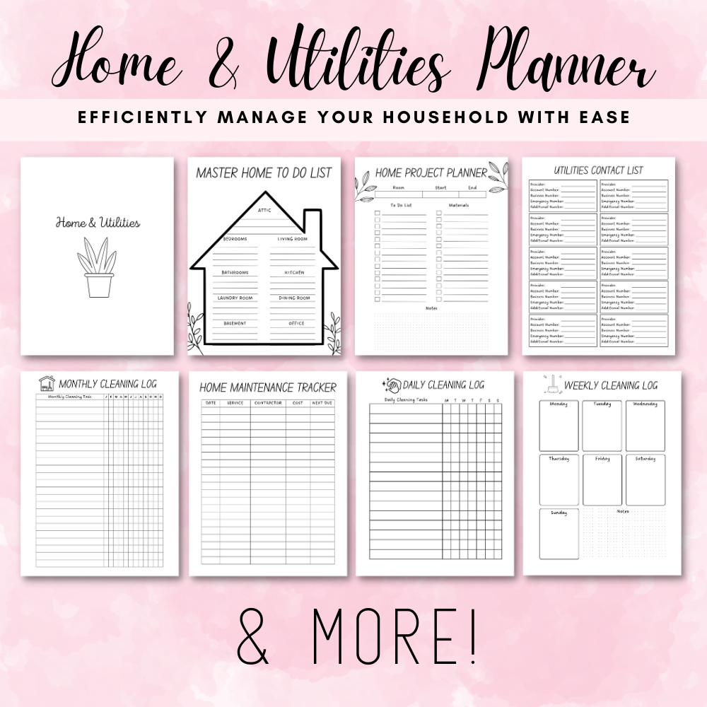 Home Management Printable Planner - Black & White