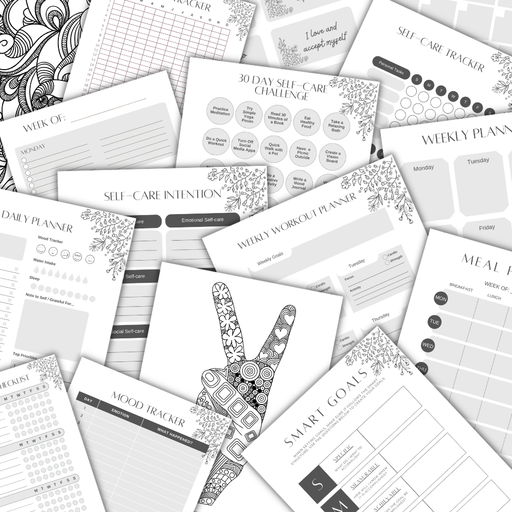 Self Care Planner and Workbook - Black & White