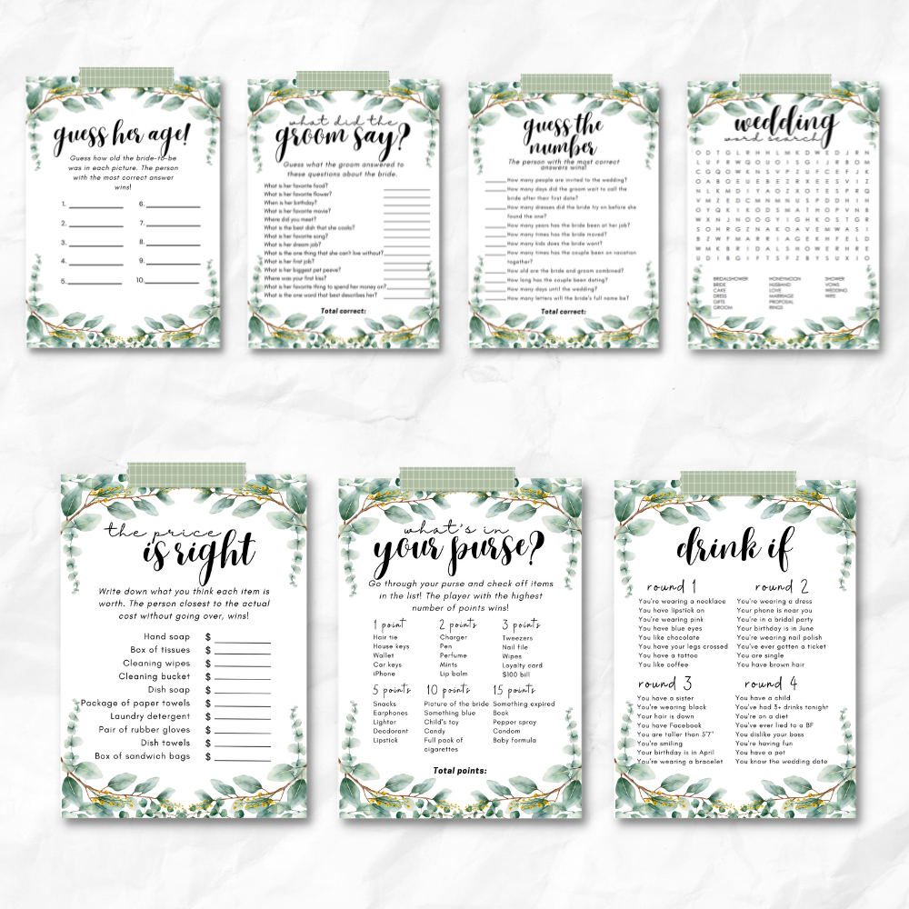 Bridal Shower Printable Games - Green