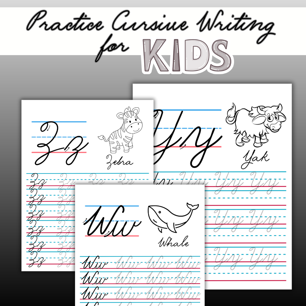 Cursive Printable Writing Practice for Kids - Black & White