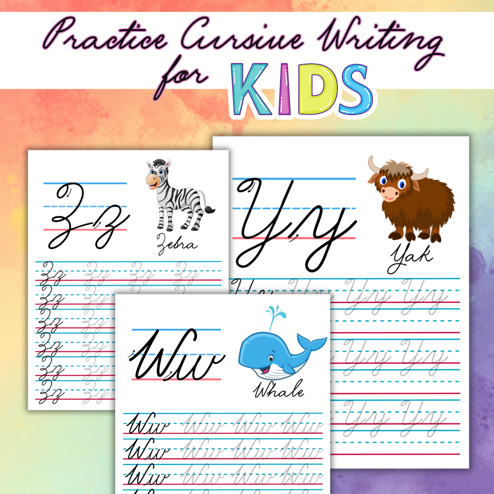 Cursive Printable Writing Practice for Kids - Colorful