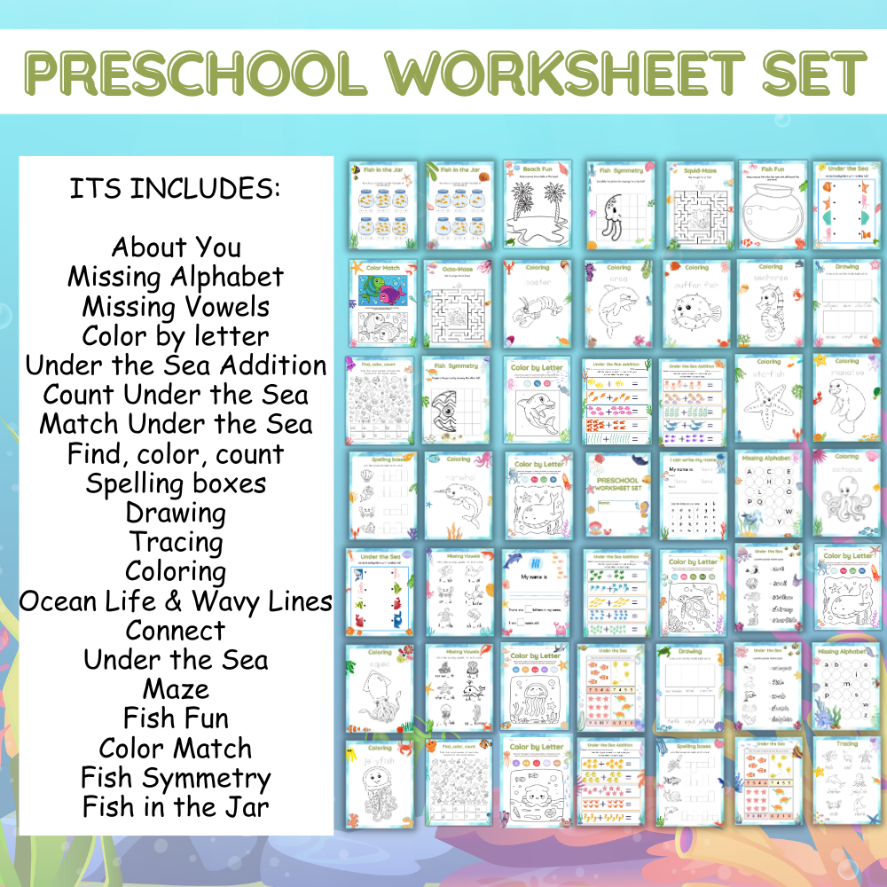 Preschool Under the Sea Printable Worksheet Set  -50 Pages