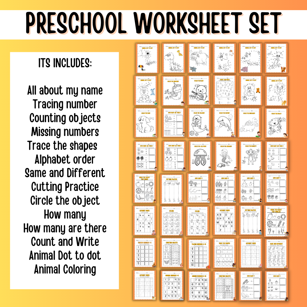 Preschool Printable Worksheet Set - 50 Pages