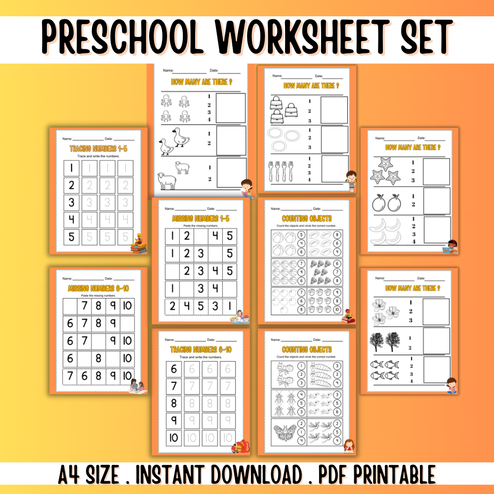 Preschool Printable Worksheet Set - 50 Pages