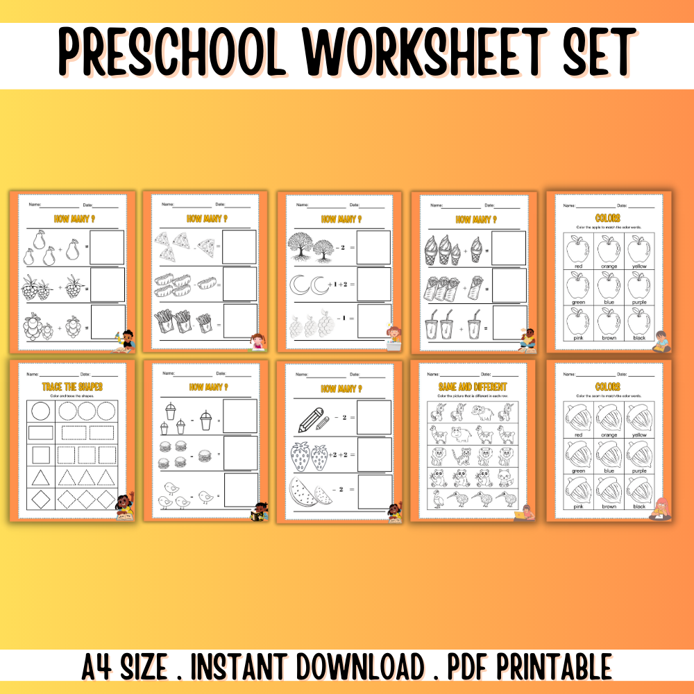 Preschool Printable Worksheet Set - 50 Pages